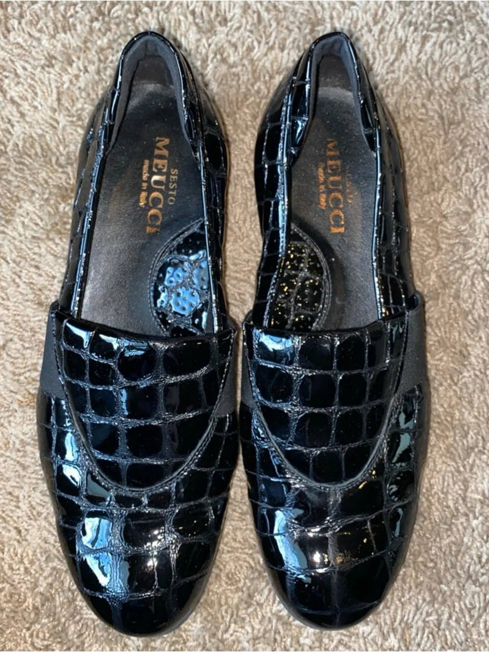 Sesto Meucci Womens Driving Loafers Size 9 Black Patent Shoes Crocodile Leather